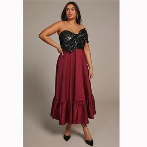 Anthropologie Hutch Bow-Tie Tiered Maxi Dress Burgundy & Black sequin Sz 8
